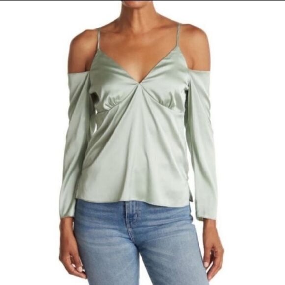 New WAYF Cold Shoulder Tie Strap Satin Cami In Sage Sea Green Sz M - Picture 1 of 11